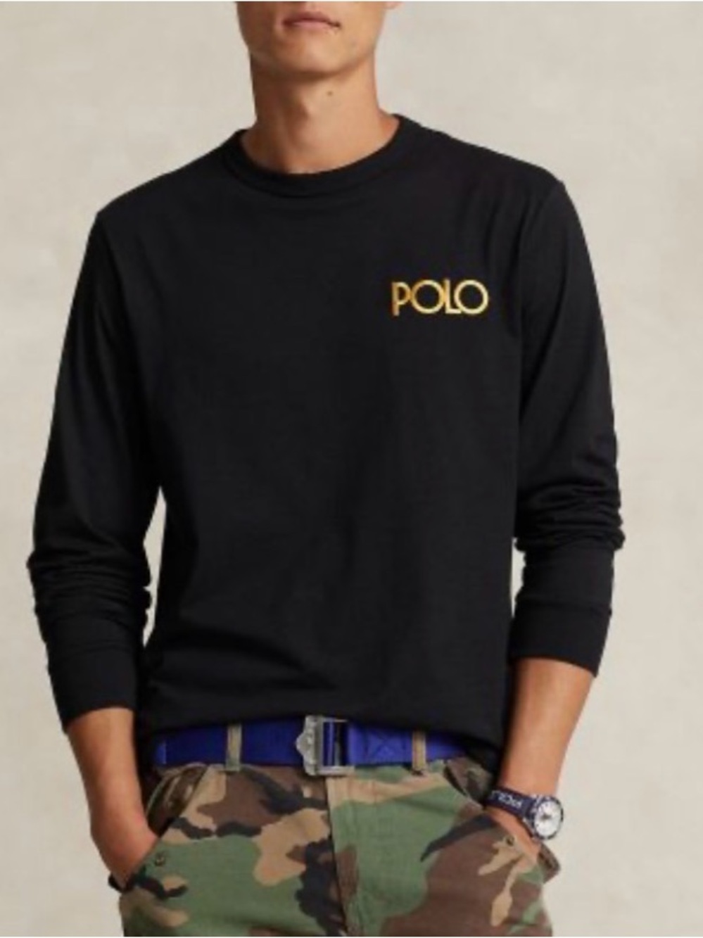 Ralph Lauren Black Long-Sleeve Crew with Gold POLO Chest Logo